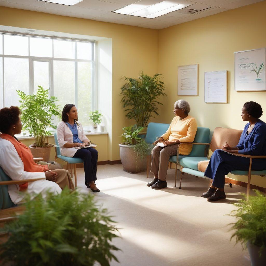 A hopeful scene featuring a diverse group of patients in a warm and welcoming clinic, engaged in enlightening discussions with healthcare professionals. Bright educational materials and comforting elements like plants and soft lighting create a supportive atmosphere. The patients look empowered and informed, showcasing a sense of community. super-realistic. vibrant colors. soft focus.