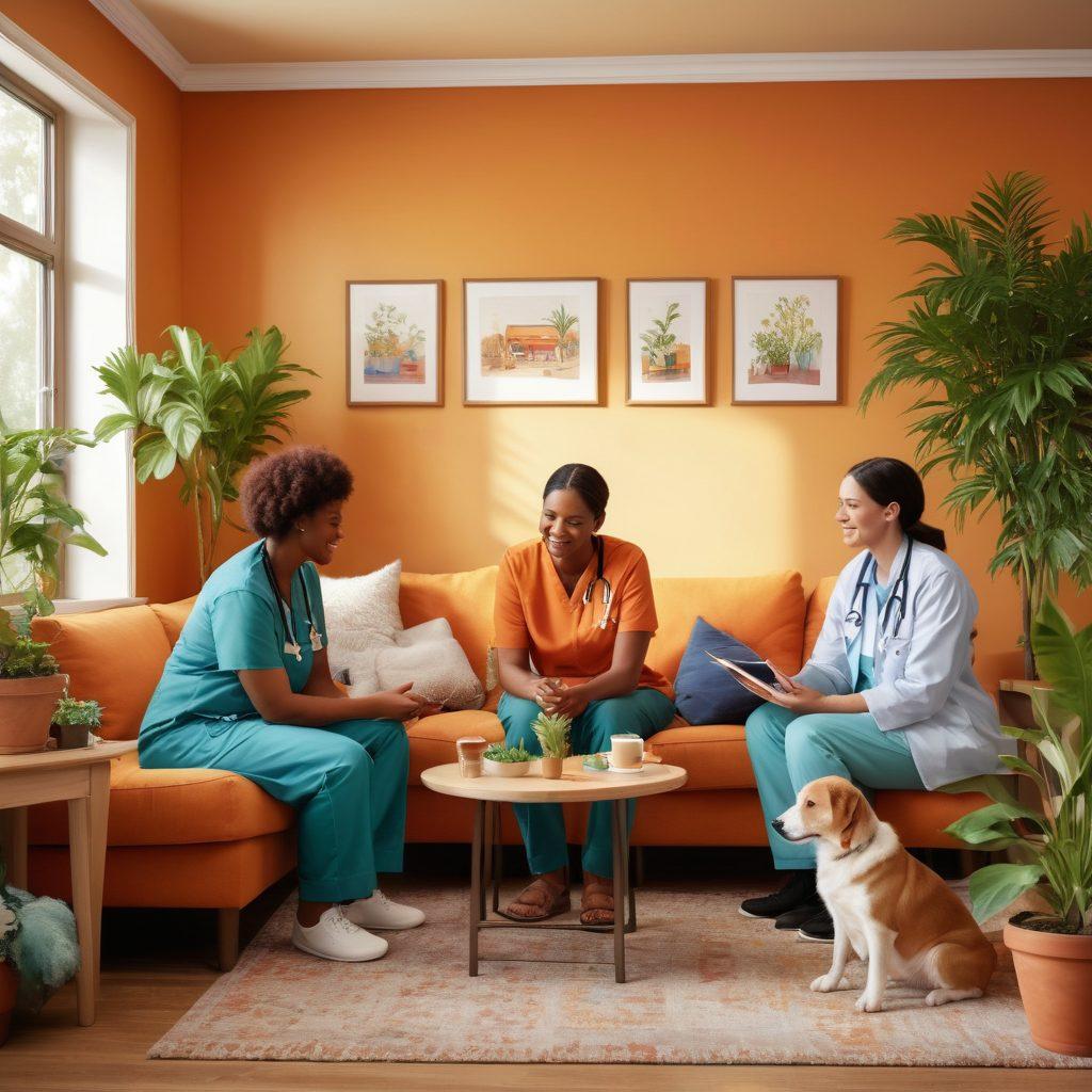A heartwarming scene of diverse individuals, including healthcare professionals and patients, openly embracing and interacting in a supportive group setting. Vivid illustrations of tools like therapy pets and counseling books can be seen in the background, symbolizing care and understanding. The setting features a bright, welcoming room with potted plants and soft lighting, evoking a sense of hope and community. super-realistic. warm colors. inviting atmosphere.