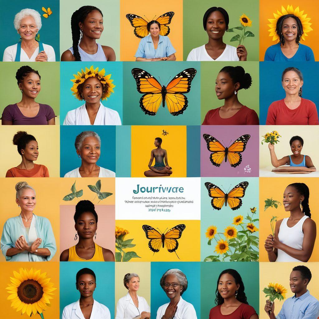 A collage depicting the journey from diagnosis to survivorship, featuring a diverse group of patients at different stages of their journey. Include symbols of hope like butterflies and sunflowers, a compassionate patient advocate guiding individuals, and elements portraying wellness like yoga and nutritious foods. The background should be calming, with soft, warm colors to evoke support and positivity. super-realistic. vibrant colors. serene background.